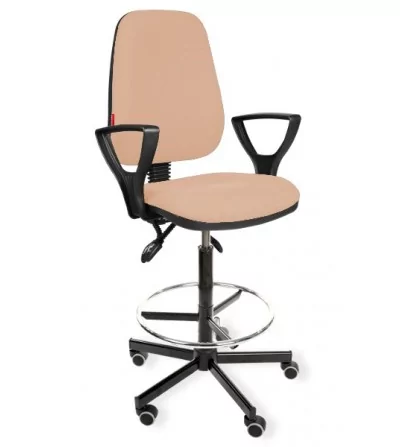 Krzesło przemysłowe wysokie z podnóżkiem i podłokietnikami na kółkach KomfortMax Desert asynchro H + RING PD WH