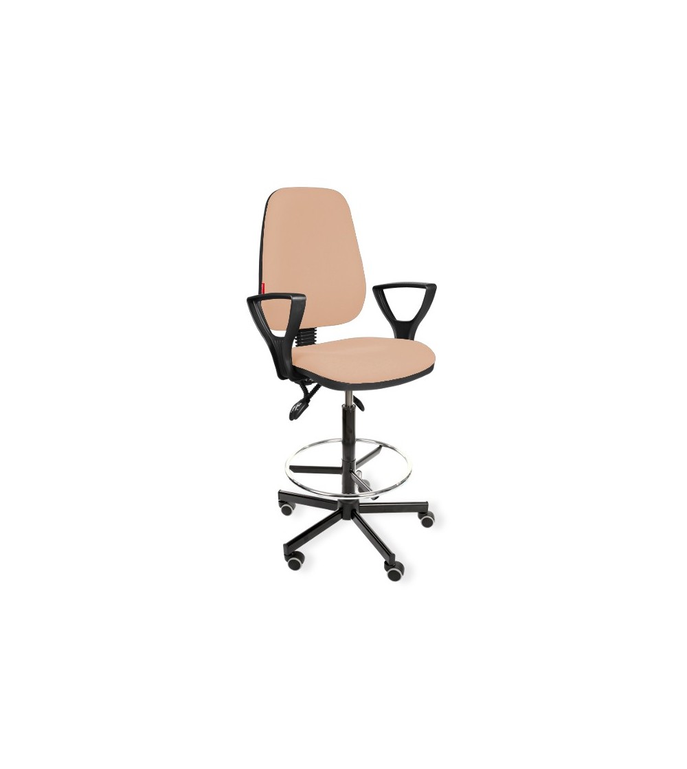 Krzesło przemysłowe wysokie  z podnóżkiem i podłokietnikami na kółkach KomfortMax Desert asynchro H + RING PD WH
