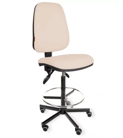 Krzesło laboratoryjne, przemysłowe, warsztatowe wysokie z podnóżkiem na kółkach KomfortMax Eco asynchro H + RING WH