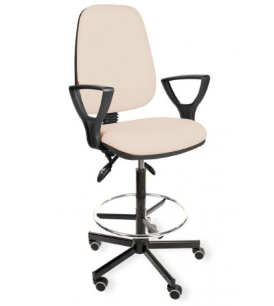 Podwyższane krzesło przemysłowe KomfortMax Eco asynchro z podnóżkiem, podłokietnikami, na kółkach (H + RING PD WH)