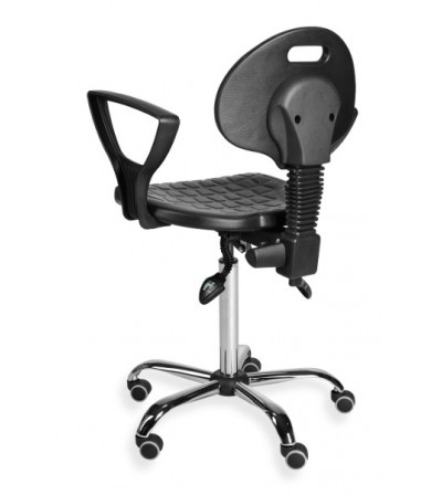 Krzesło przemysłowe z mechanizmem asynchronicznym  i podłokietnikami na kółkach PurMax chrome asynchro PD WH