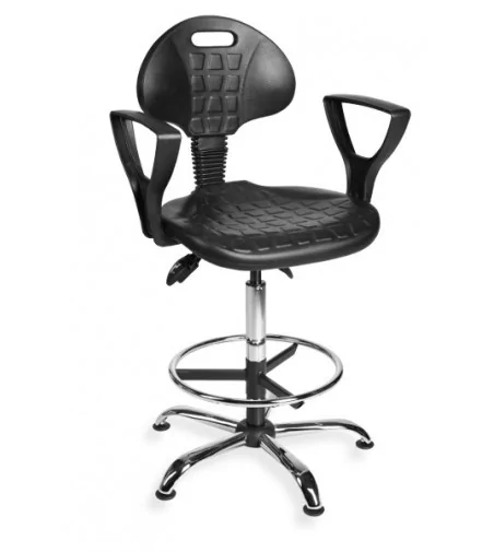 Krzesło laboratoryjne wysokie z podnóżkiem i podłokietnikami oraz mechanizmem asynchronicznym PurMax chrome asynchro H+RING 