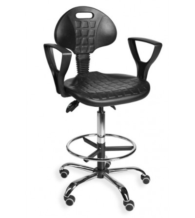 Krzesło warsztatowe obrotowe, wysokie na kółkach z podnóżkiem i podłokietniami PurMax chrome asynchro H+RING PD WH