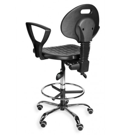 Krzesło warsztatowe obrotowe, wysokie na kółkach z podnóżkiem i podłokietniami PurMax chrome asynchro H+RING PD WH