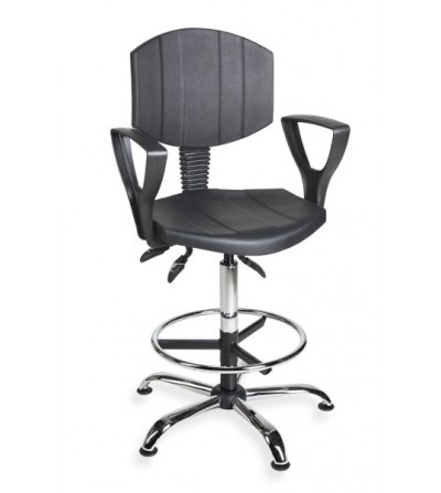 Krzesło laboratoryjne, obrotowe wysokie z podnóżkiem i podłokietnikami PurActive chrome asynchro H+RING PD