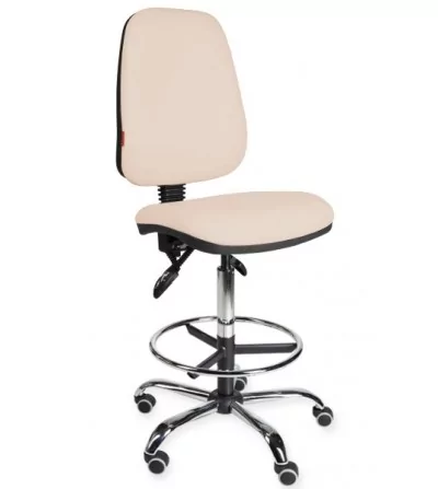 Krzesło labolatoryjne, warsztatowe, podwyższane z podnóżkiem na kółkach KomfortMax Eco chrome asynchro H + RING WH