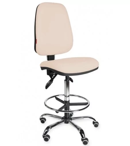 Krzesło labolatoryjne, warsztatowe, podwyższane z podnóżkiem na kółkach KomfortMax Eco chrome asynchro H + RING WH