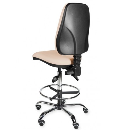 Krzesło labolatoryjne, warsztatowe, podwyższane z podnóżkiem na kółkach KomfortMax Eco chrome asynchro H + RING WH