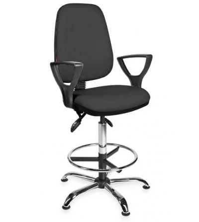 Krzesła przemysłowe, laboratoryjne podwyższane z podnóżkiem i podłokietnikami KomfortMax Eco chrome asynchro H + RING PD