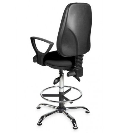 Krzesła przemysłowe, laboratoryjne podwyższane z podnóżkiem i podłokietnikami KomfortMax Eco chrome asynchro H + RING PD