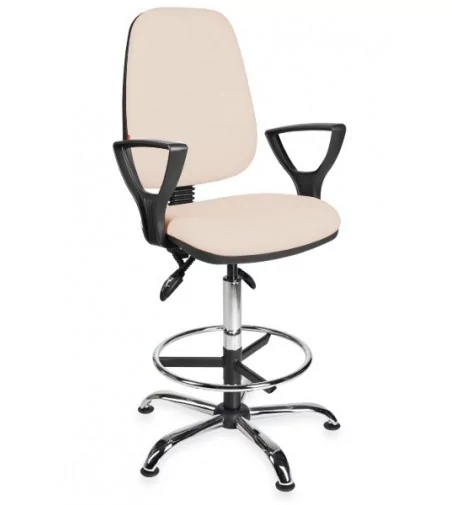 Krzesła przemysłowe, laboratoryjne podwyższane z podnóżkiem i podłokietnikami KomfortMax Eco chrome asynchro H + RING PD