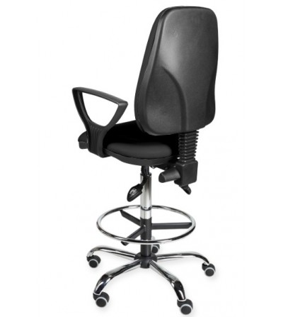 Krzesło laboratoryjne, warsztatowe, podwyższane na kółkach z podłokietnikami KomfortMax Eco chrome asynchro H + RING PD WH