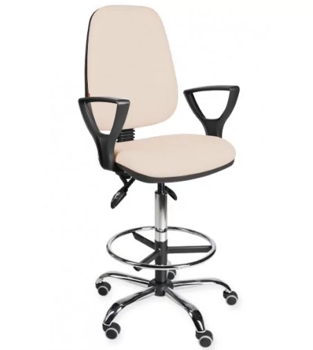 Krzesło laboratoryjne, warsztatowe, podwyższane na kółkach z podłokietnikami KomfortMax Eco chrome asynchro H + RING PD WH