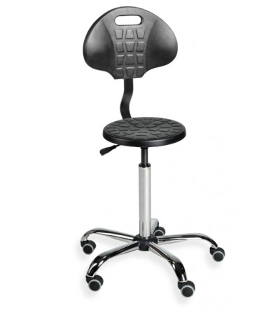 PurTab back chrome WH - taboret przemysłowy z oparciem, na kółkach