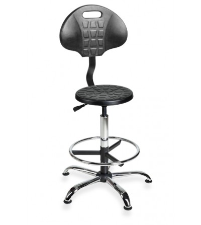 PurTab back chrome H + RING - taboret przemysłowy z oparciem i podnóżkiem