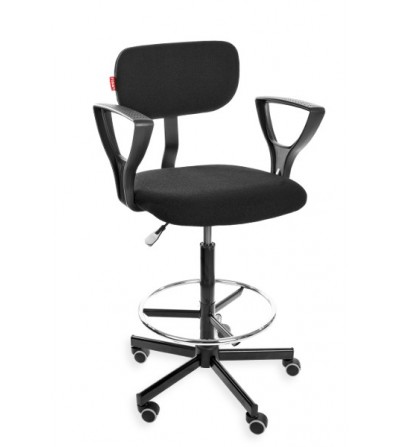 Podwyższane krzesło przemysłowe Black 01 z podnóżkiem, podłokietnikami, na kółkach (H + RING PD WH)