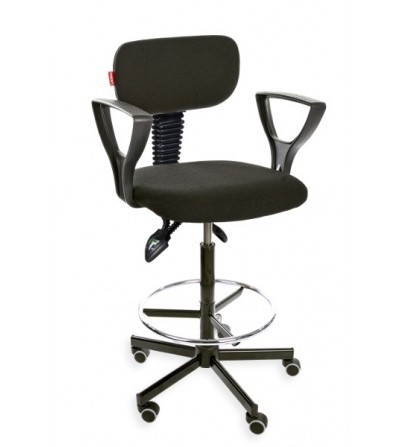 Podwyższane krzesło przemysłowe Black 01 z podłokietnikami, podnóżek, kółka, mechanizm asynchroniczny (asynchro H + RING PD WH)