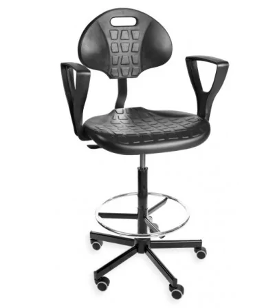 PurMax H+RING PD WH - Obrotowe krzesło warsztatowe z podnóżkiem i podłokietnikami, na kółkach