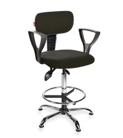 Krzesło laboratoryjne wysokie na stopkach z podłokietnikami i podnóżkiem Black 01 chrome asynchro H + RING PD