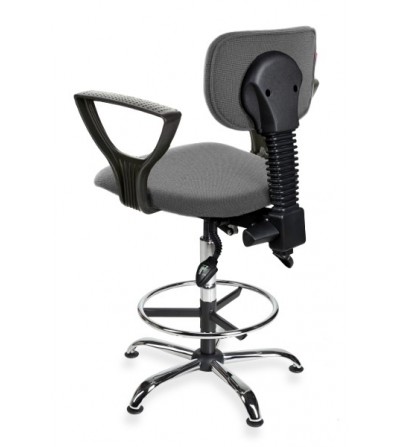 Krzesło przemysłowe wysokiem na kółkach z podnóżkiem i podłokietnikami Black 01 chrome asynchro H + RING PD WH