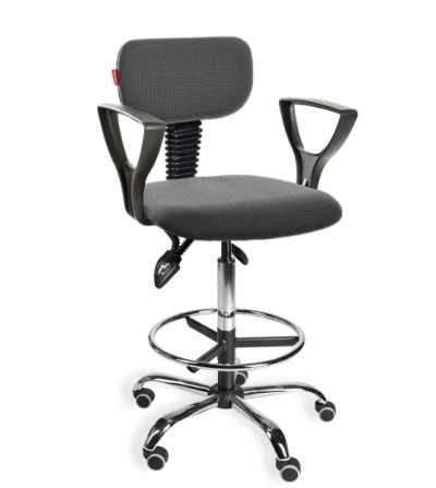 Krzesło przemysłowe wysokiem na kółkach z podnóżkiem i podłokietnikami Black 01 chrome asynchro H + RING PD WH