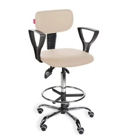 Krzesło przemysłowe obrotowe z podnózkiem, wysokie, z podłokietnikami na kółkach Black Eco chrome asynchro H + RING PD WH