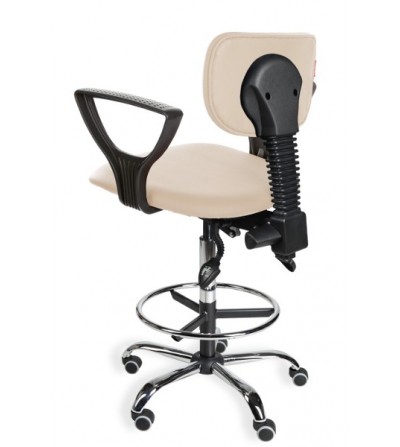 Krzesło przemysłowe obrotowe z podnózkiem, wysokie, z podłokietnikami na kółkach Black Eco chrome asynchro H + RING PD WH